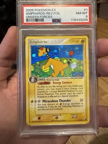 2005 POKEMON EX UNSEEN FORCES #1 AMPHAROS-REVERSE FOIL PSA 8