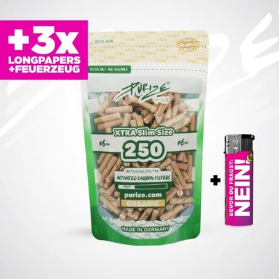 PURIZE Xtra Slim Size ORGANIC Aktivkohlefilter Ø 5,9mm 250 stk. + Papers + Feuer