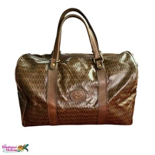 Mario Valentino Monogram Duffle Bag Overnight Tote Brown Coated Canvas Leather
