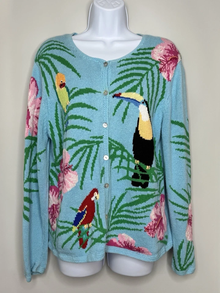 Vintage Tropical Toucan Sweater Womens L Blue Button Up Resort Florida Vacation - Image 2 of 4