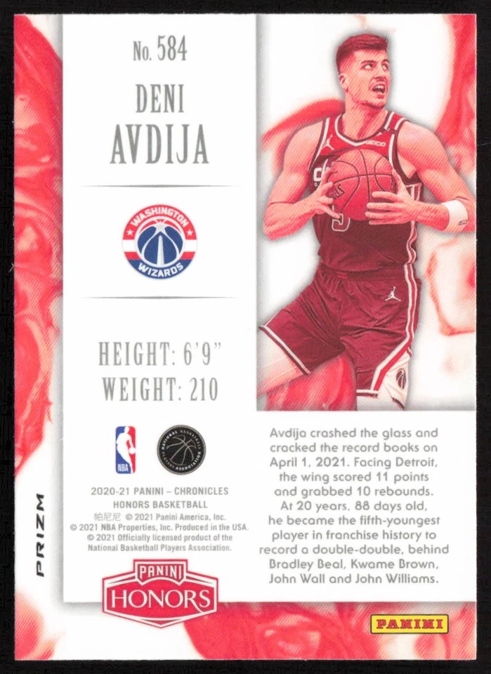 2020-21 Panini Chronicles Asia Deni Avdija #584 Rookie Washington Wizards - Image 2 of 2