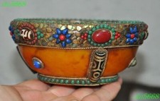 4.6"Tibet beeswax inlay Agate Gem cross Vajra faqi Tea cup Bowl Bowls statue