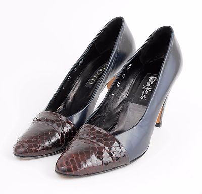 PANCALDI NEIMAN-MARCUS Women's 7.5 Navy Blue Leather Snakeskin High Heels Pumps