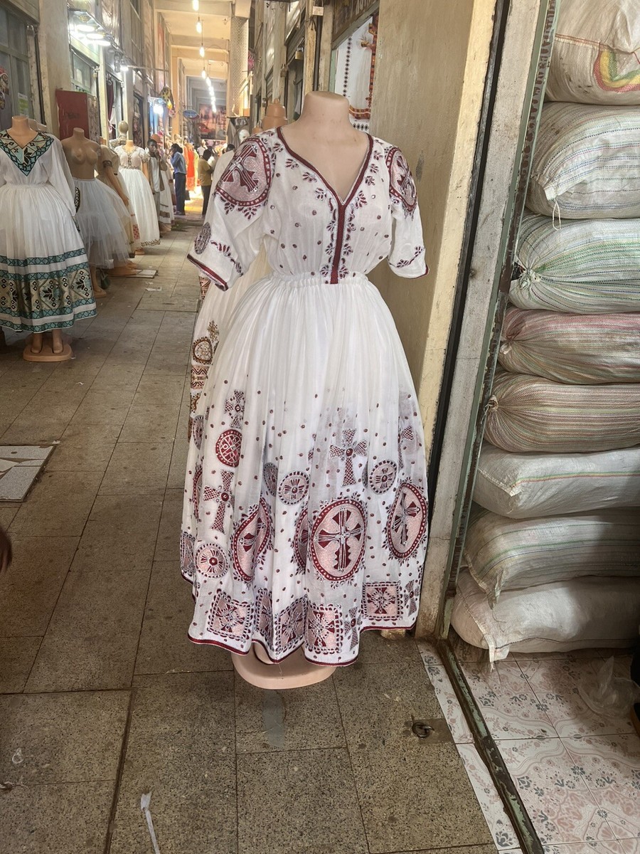 ethiopian cultural dress Traditional and community gatherings Simple Red & White Ethiopian