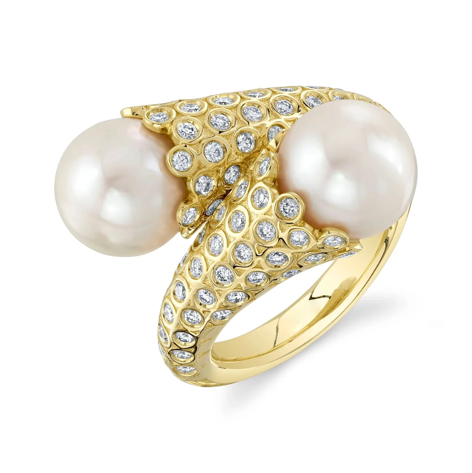 14K Yellow Gold Pearl Diamond Ring 1.00 CTW Cocktail Bypass Right Hand