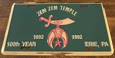 1892 1992 Zem Zem Temple 100th Year Shriners Booster License Plate Erie PA