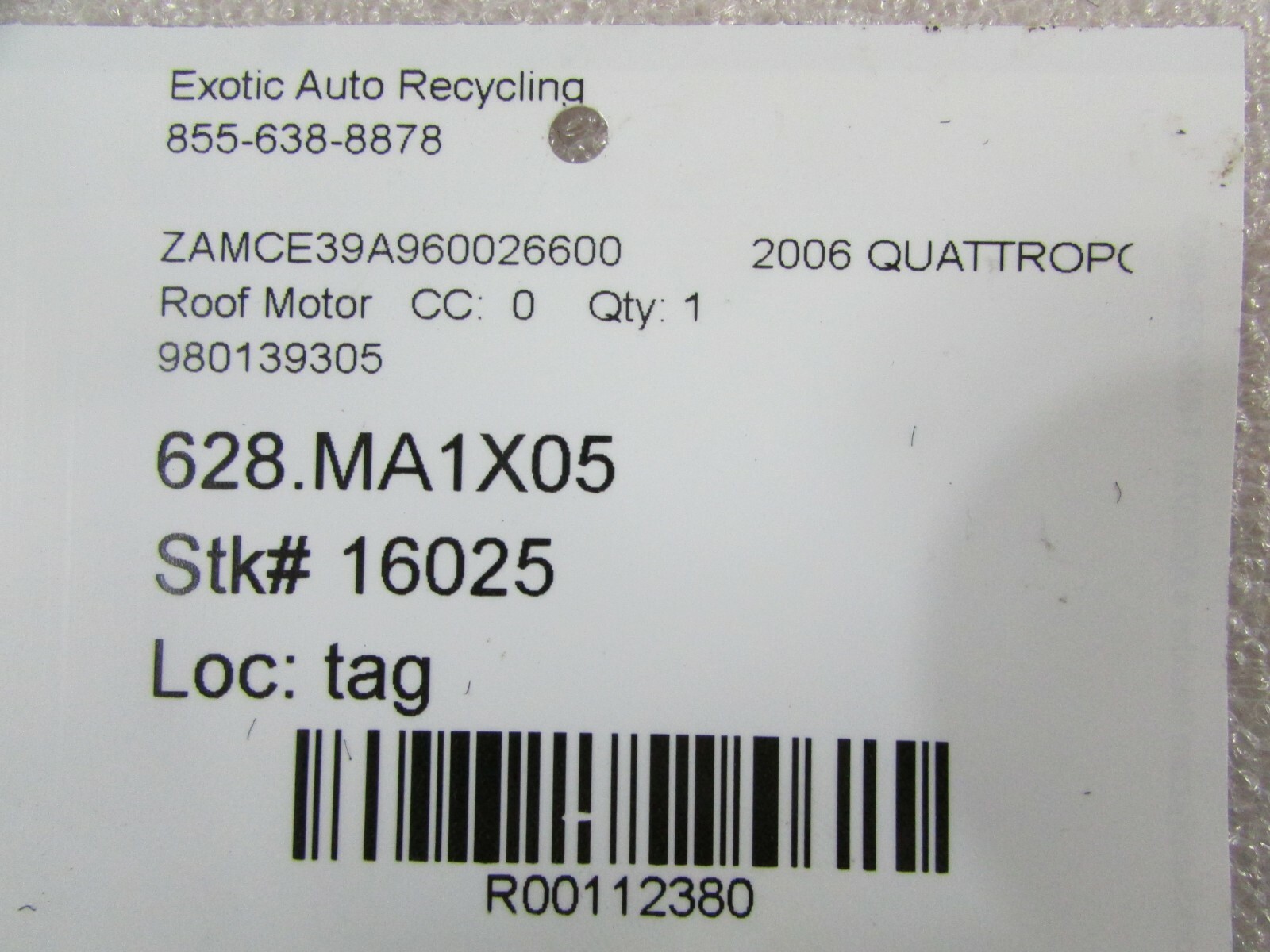 Maserati Quattroporte, Sunroof Motor, Used, P/N 980139305
