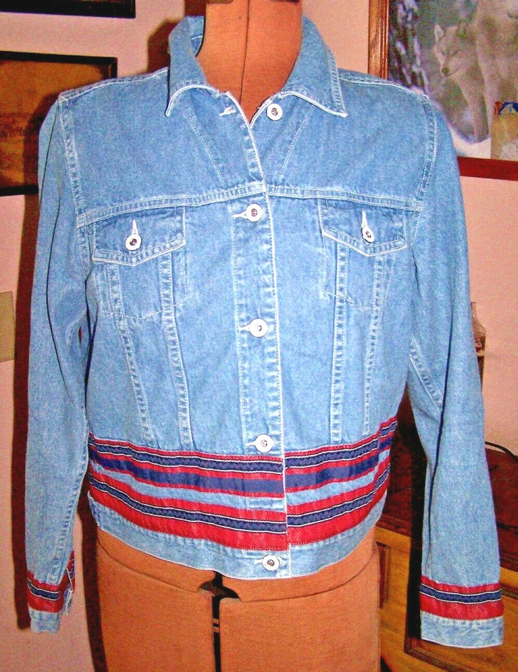 CHRISTOPHER & BANKS Blue Denim Cotton RED WHITE BLUE TRIM Button JACKET/Size M - Image 3 of 4