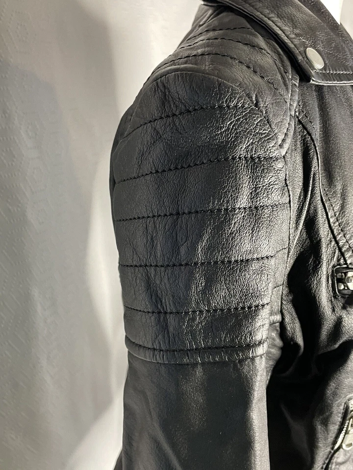 Chaqueta de Cuero Barney's Originals US M 8 UK 12 Motociclista Motocicleta Negra Foto 4 de 4