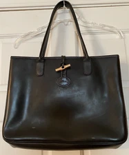 Longchamp Black Leather Tote Bag Purse Classic Design Double Handles Toggle