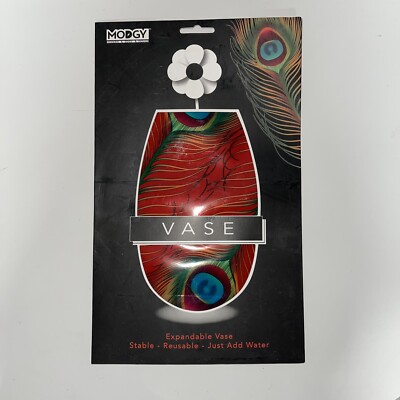 NEW Myvaz by Modgy Expandable Reusable Flower Vase POE, Red, Peacock Feathers
