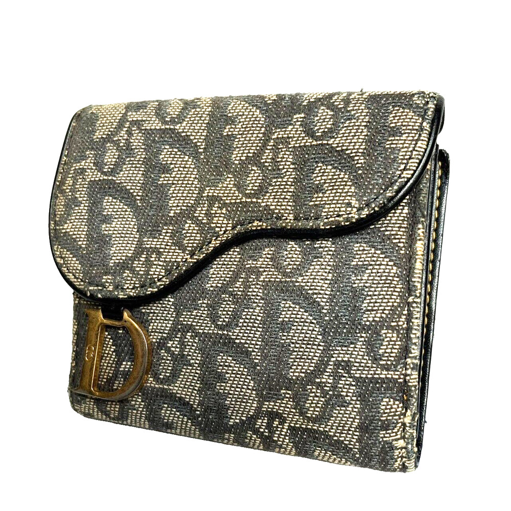 Dior Bifold Wallet Saddle Trotter Purse Canvas Leather Navy Auth 0414