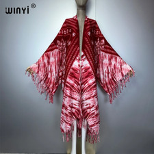 Summer Fringed Tie-Dye Printed Women Cardigan Long Dress Elegant Boho Loose Beac