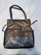 ili New York Genuine Leather 80’s Gold Silver Brown Drawstring Handbag Purse