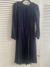 $2,400 Gabriela Hearst Adelaide Silk Pleated Georgette Dress, Navy, Size 2
