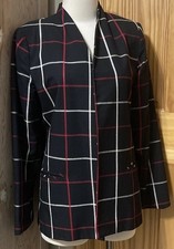 VINTAGE Devon Black Red White Windowpane Plaid Open Collarless Blazer Jacket EUC