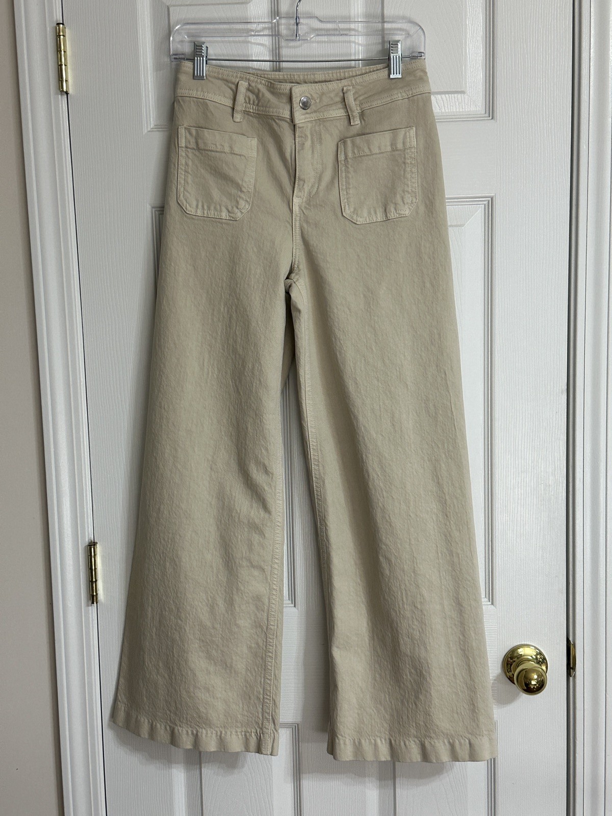 Pantalones de mezclilla Mango MNG beige pierna ancha tiro alto parche bolsillos UE 36 EE. UU. 4 regulares