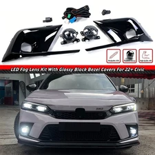 Gloss Black Fog Lights Kit W/Wiring Switch Bezel For 2022 2023 2024 Civic
