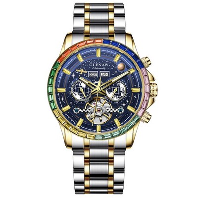 GLENAW Men's Automatic Watch Rainbow Gemstone Bezel Blue Dial Steel Strap Wristw