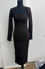 Fashion Nova Brown Solid Square Neck Long Sleeve Bodycon Midi Dress Bow Zip M