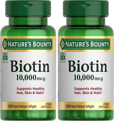 Nature s Bounty Biotin 10,000 mcg Hair Skin & Nails Vitamins 120 Softgels Pack 2