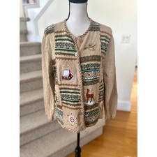 Vintage 90s Tan Christmas Holiday Cardigan Cabin Cozy Deer Fair Isle
