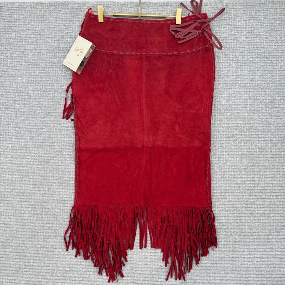 Scully Red Suede Fringe Western Cowgirl Midi Skirt M - Image 4 of 4