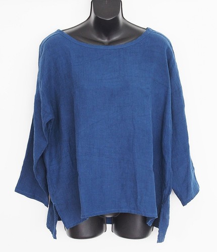 Ichi Antiquites 100% Linen Top Pullover Blouse Blue One Size