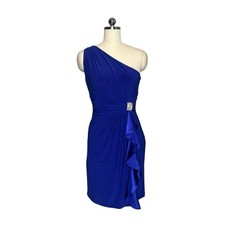 Betsy  Adam Royal Blue One Shoulder Rhinestone Ruffle Cocktail Dress  4