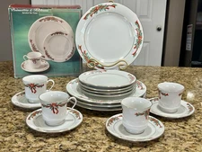 Tienshan Poinsettia & Ribbons China Christmas Dinner & Salad Plates Cups Saucers