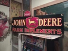 VINTAGE "JOHN DEERE FARM IMPLEMENTS" 36" X 12" PORCELAIN METAL TRACTOR 🚜  SIGN!