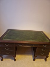 Traditional Dark Wood Pedestal Desk with Green Leather Top & 7 Drawers
