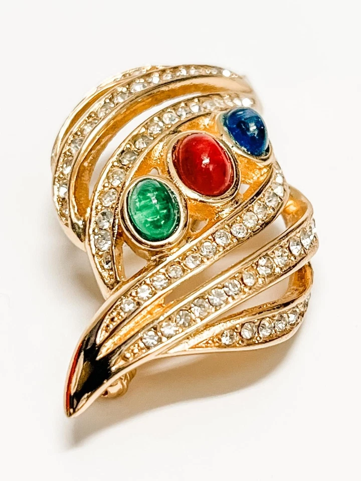 FLAWLESS Christian Dior Gold Tone Cabochon Gripoix Glass Pave Crystal Pin Brooch - Image 2 of 4