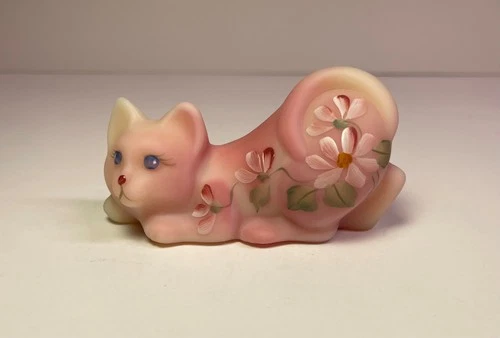 Fenton Art Glass Cat Figurine ~ Pink Matte Finish ~ Hand Painted by D. Fredrick