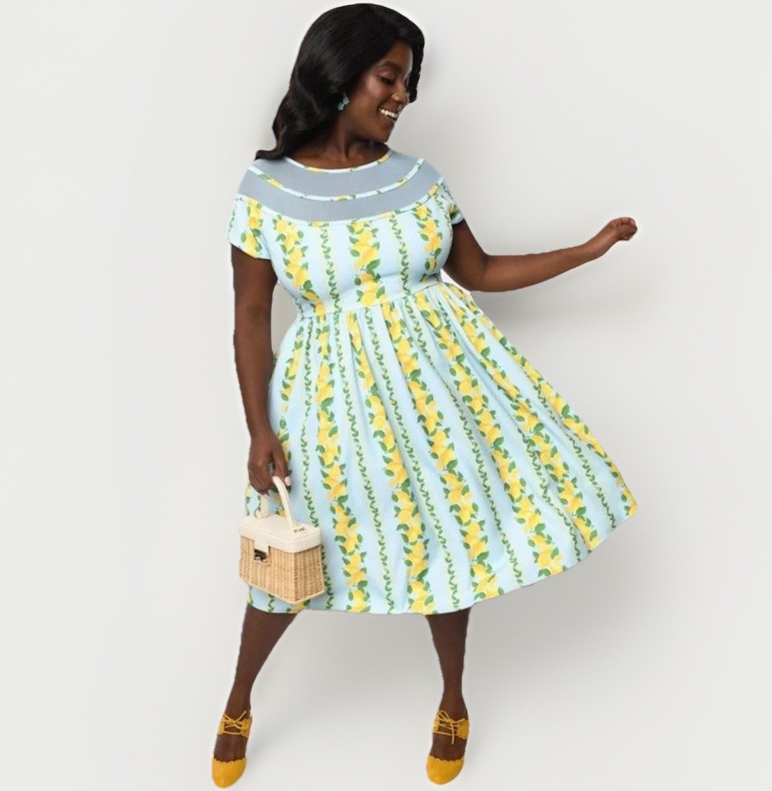 Lemon Print Dress Unique Vintage UNIQUE VINTAGE Blue Lemon Print Fit Flare  Midi Swing Dress Plus Size 3X