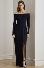 $295 Lauren Ralph Lauren Women’s Buckle-Trim Satin Off-the-Shoulder Gown 14 Navy