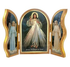 Divine Mercy Standing Natural Wood Triptych 5" x 7 1/4", Made in Hungary