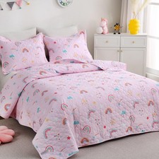 Pink Girls Rainbow Quilt Set Full Size Kids Bedding Sets Lightweight Summer B...
