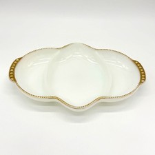 Vintage Anchor Hocking Fire-King Milk Glass Divided Relish Tray With 22K Gold Be