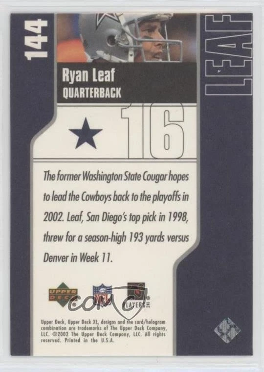 2002 Upper Deck XL Ryan Leaf #144 - Image 2 of 2