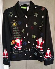 Vtg Christmas Sweater Cardigan Embroidered/Appliqied Santas Womans Sz Medium