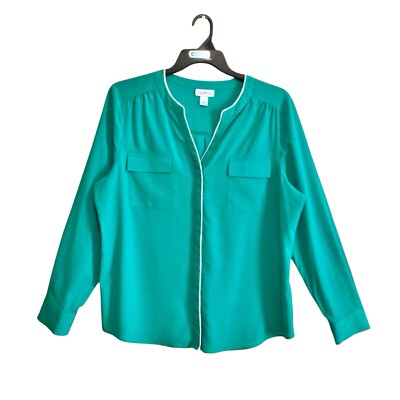Jaclyn Smith Blouse Top Womens Size XL Green White Trim Long Sleeve Pockets