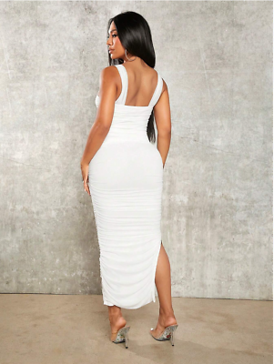 White SXY Ruched Slit Hem Mesh Bodycon Dress Sz XS S M L | eBay