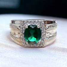 Emerald Gemstone With 925 Sterling Silver Ring For Men's AL642