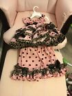 Custom Handmade Toddler Girl Two Piece Pink And Brown Ruffle Outfit With Headban