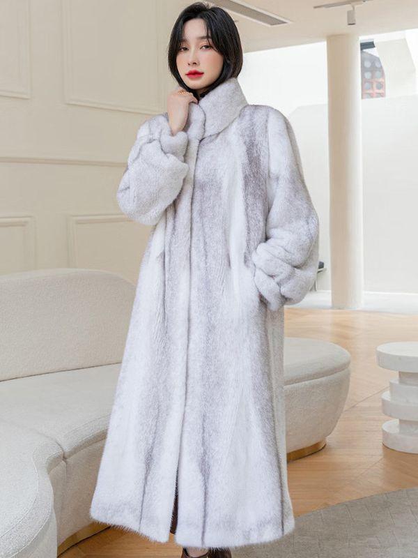 Women's Luxury Elegant Formal Winter Warm White Stand Collar Mink Fur Long Coat