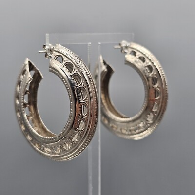 Boho Hoop Earrings Silver Tone Pierced Ear Hollow Cut Out Design Industrial