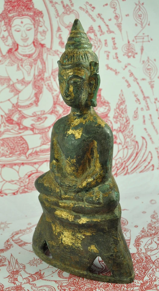 Antique Phra Chai Ngang King Emperor Thai Gilt Gold Bronze Buddha Figure Statue - Image 3 of 4