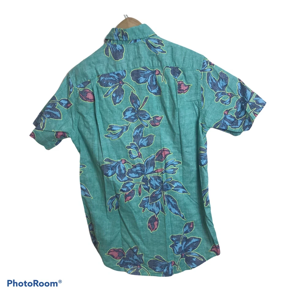 Camisa Lands' End Para Hombre Talla Pequeña Manga Corta Verde Brillante Floral Botón Frontal Foto 4 de 4