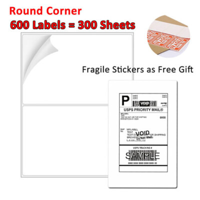 600 Half Sheet 8.5'' x 5.5'' Shipping Label Round Corner Self Adhesive 2 per Sheet